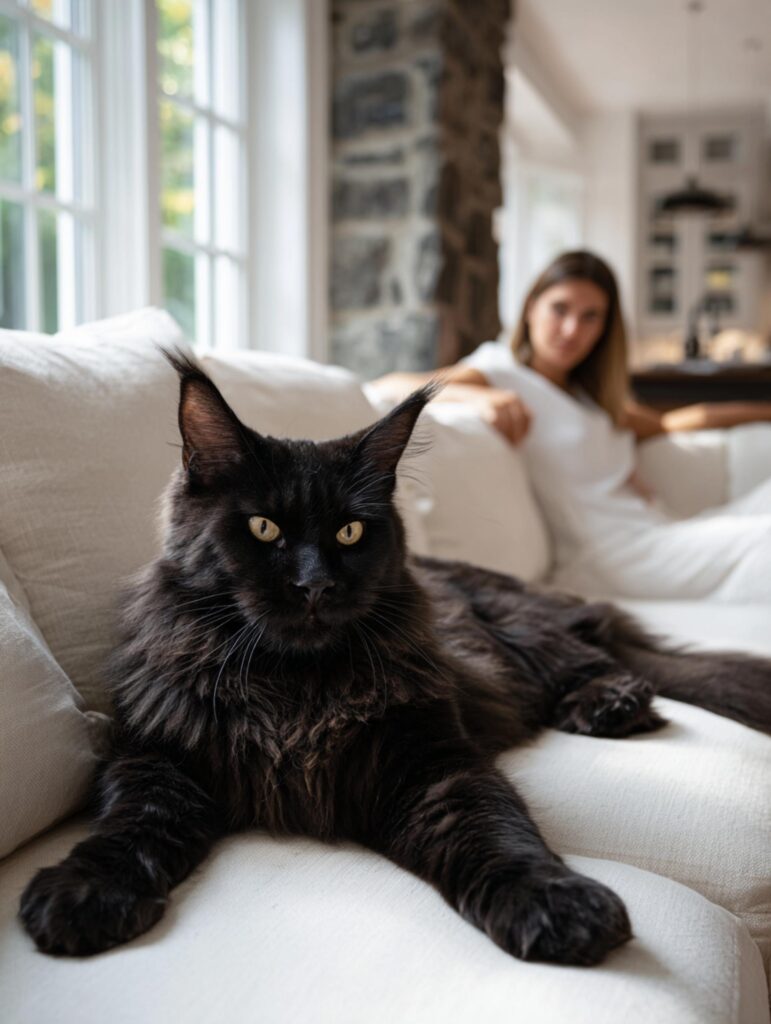 Black Maine Coon cat lying on couch