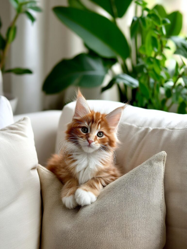 orange maine coon kitten sitting
