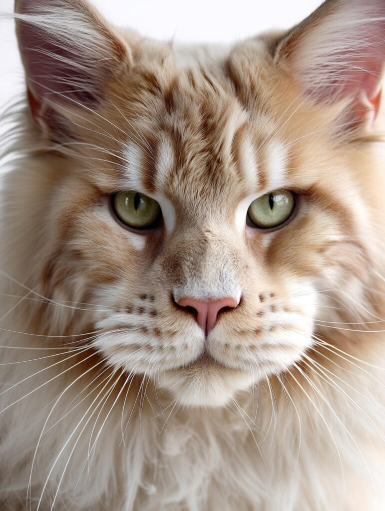 red cream maine coon tabby coat close up with green eyes