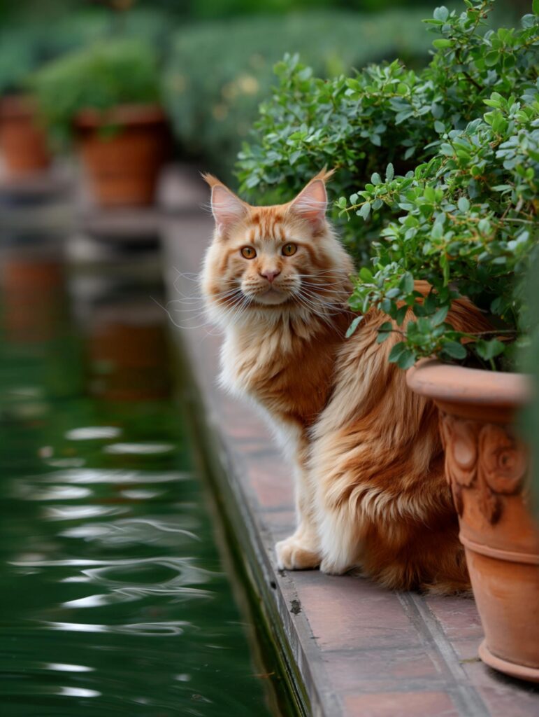 large orange maine coon cat sitting outdoors