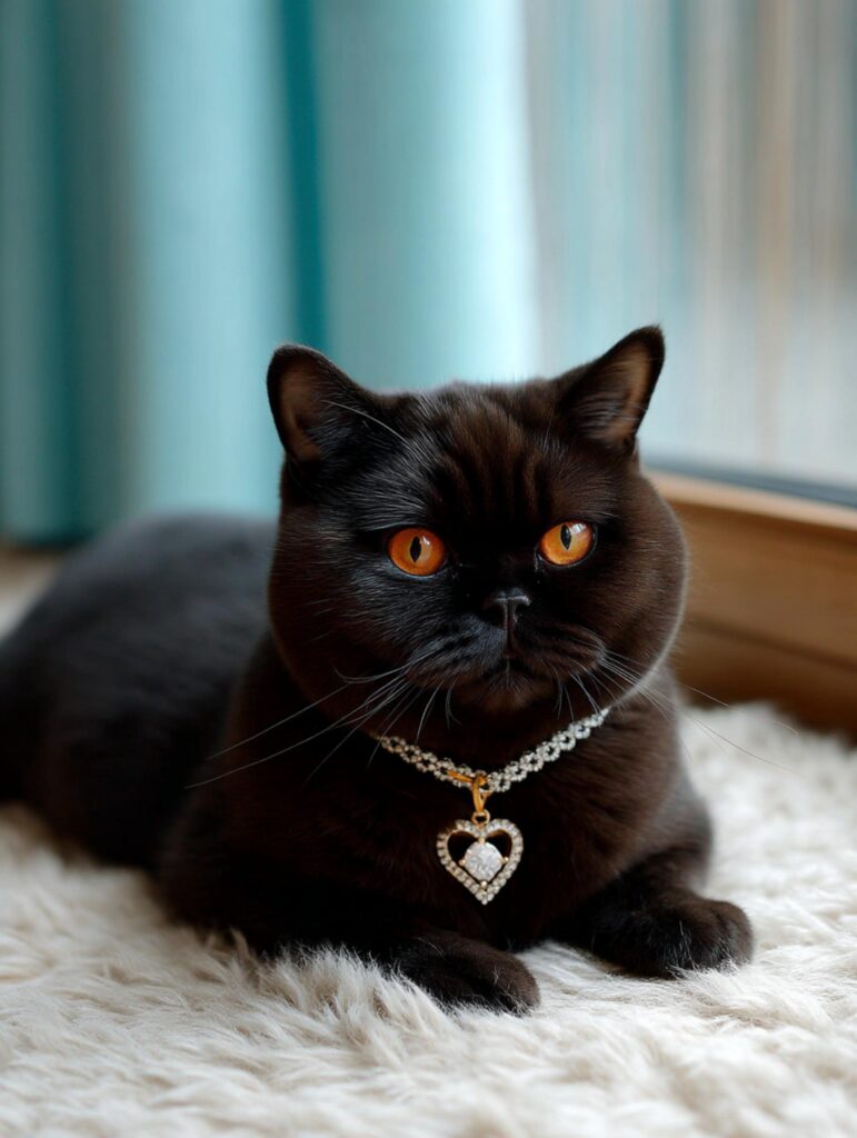solid black british shorthair sitting with copper eyes