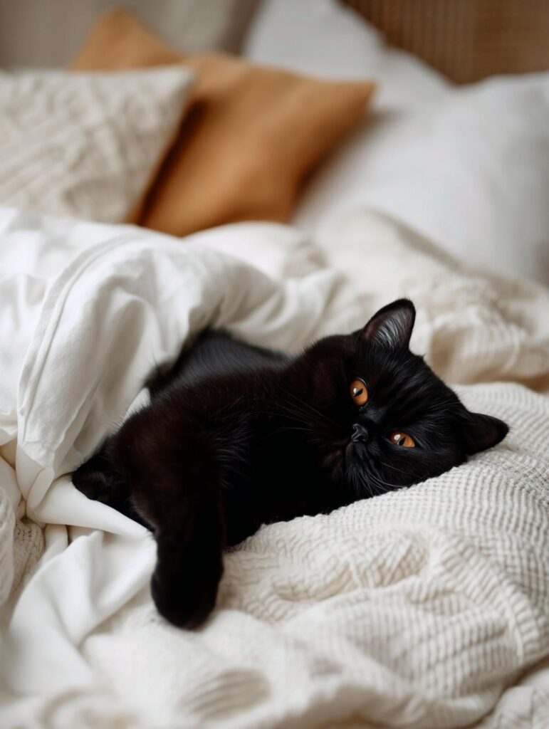 black british shorthair cat lying on bed