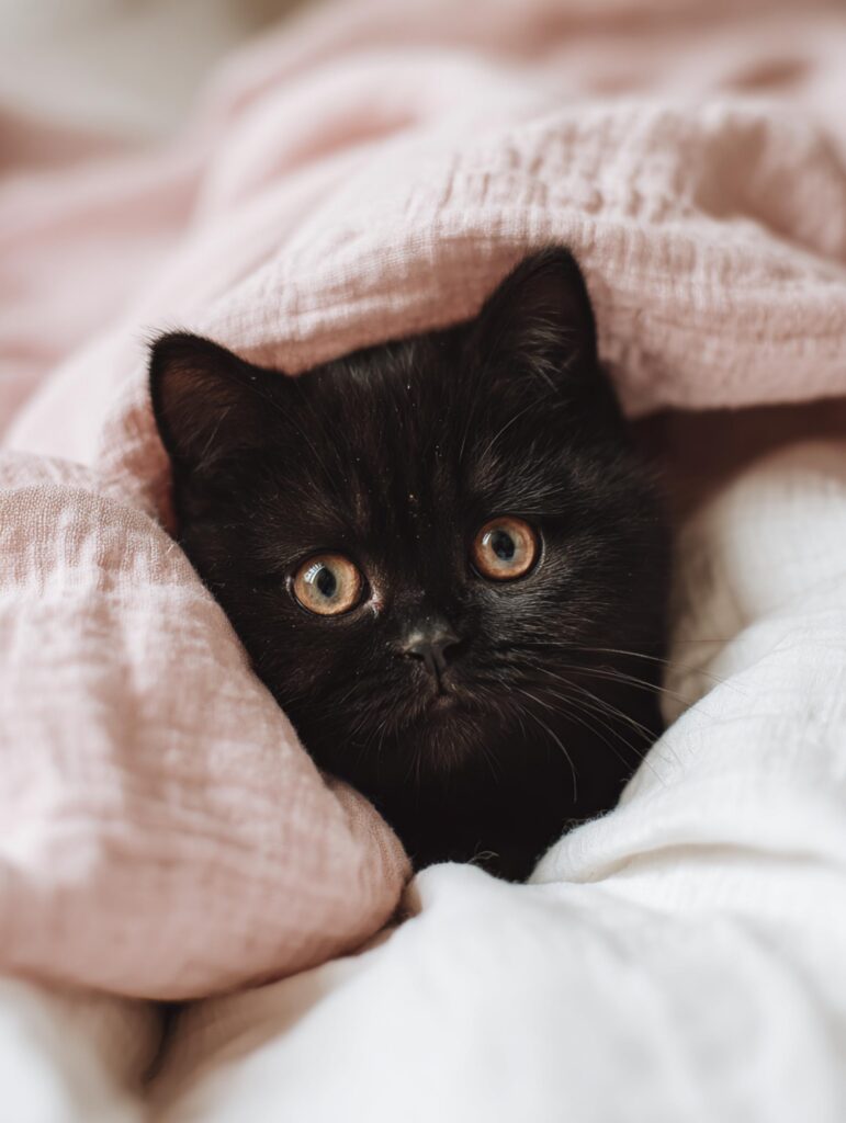 black british shorthair kitten with a blanket