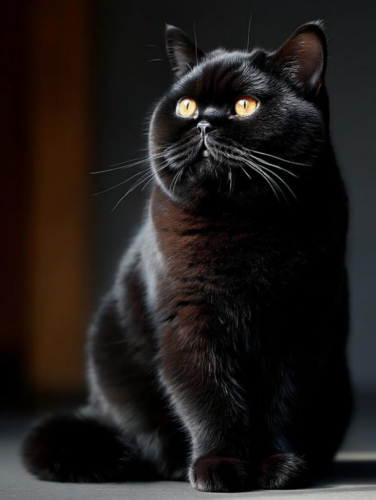 british shorthair black cat portrait showing round head and stocky body