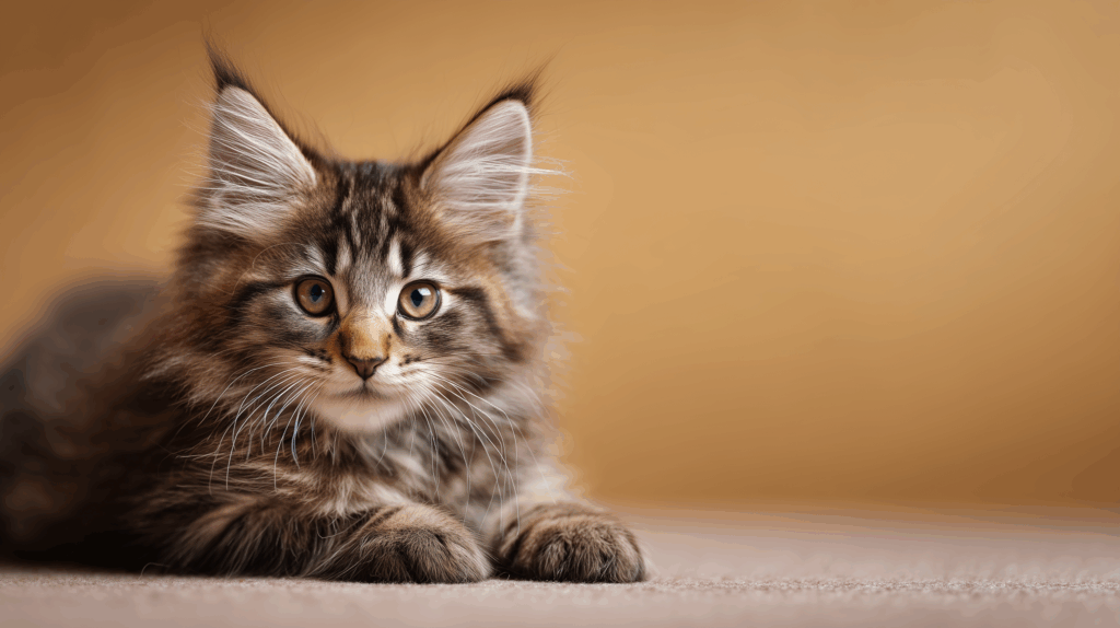 brown tabby maine coon kitten m on forehead