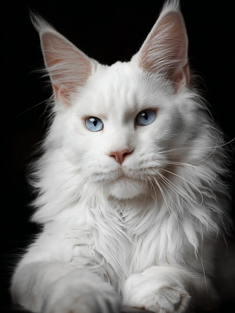White Maine Coon cat with long thick fur and large body size