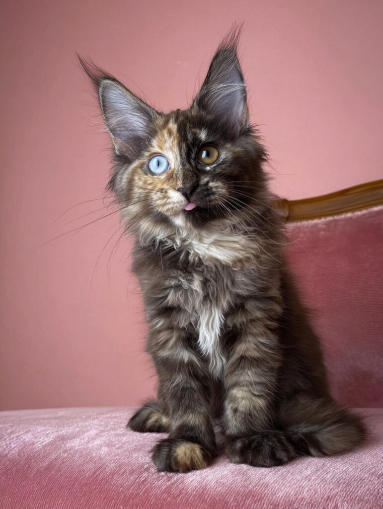 Odd-eyed Maine Coon kitten raised indoors with calm temperament
