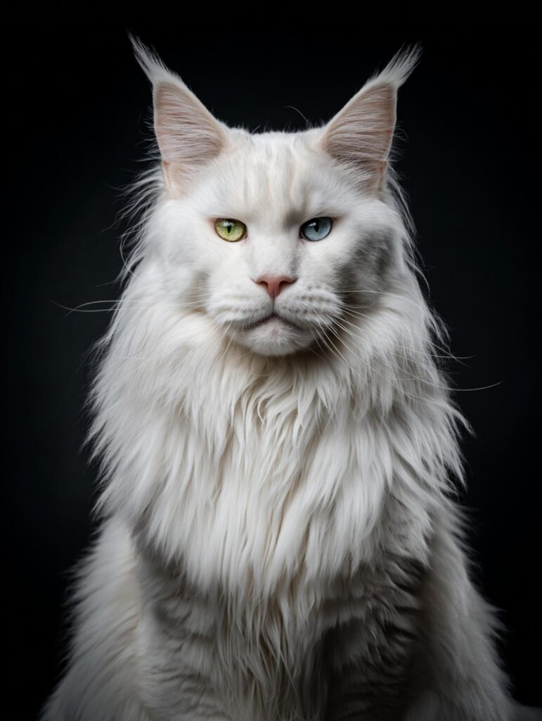 Odd-eyed Maine Coon cat with one blue eye and one green eye