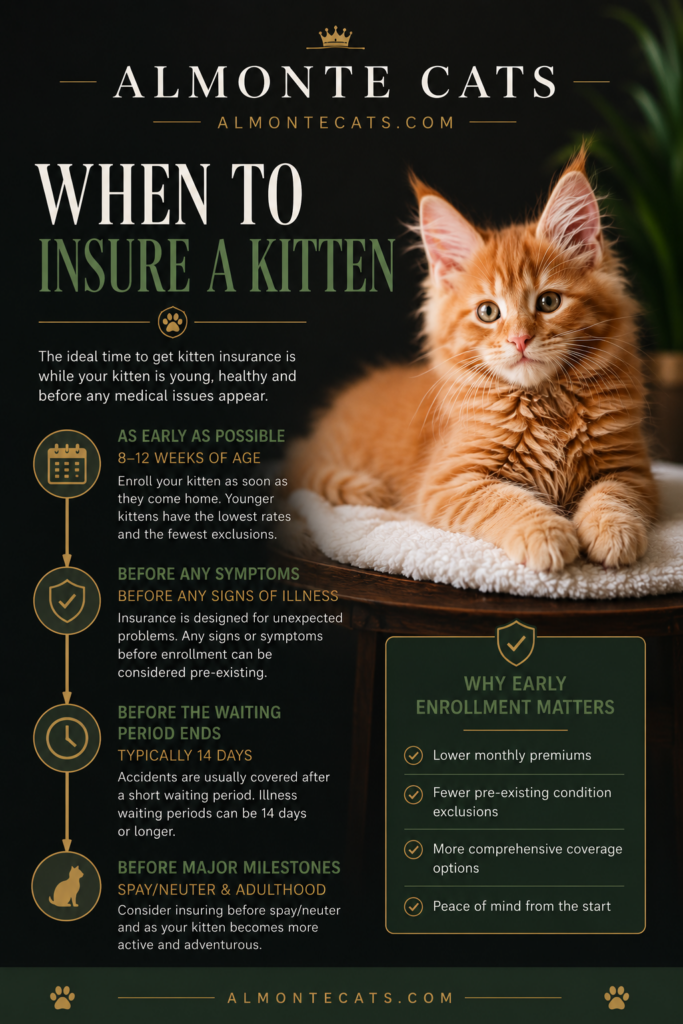 When to insure a kitten infographic showing early enrollment, waiting periods and pre-existing condition considerations for kitten insurance.