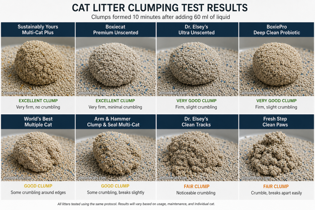 Cat litter clumping test comparing eight popular cat litters for clump strength and crumbling.