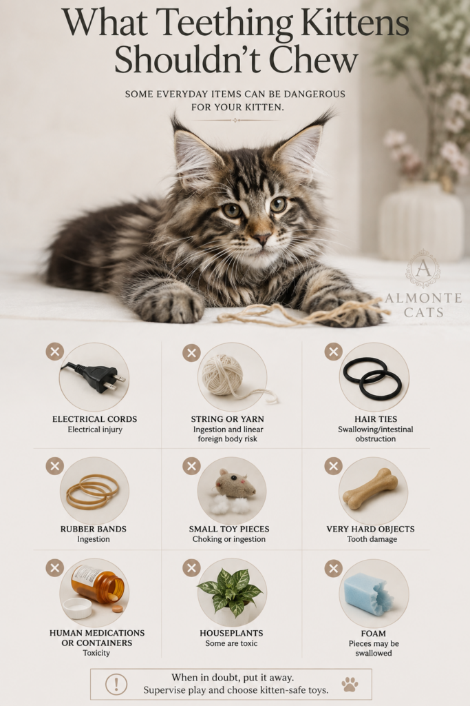 Maine Coon kitten with chart of unsafe items teething kittens should not chew